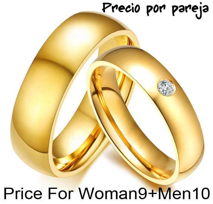 Простые классические один кристалл обручальные кольца для Для женщин Для мужчин золото Цвет Нержавеющая сталь пара группа любителей ювелирных подарок 2 шт./пара - Цвет основного камня: Woman9Men10