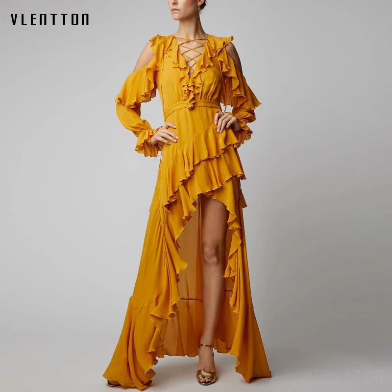 

High Quality Runway Luxury Sexy Hollow Out Ruffled Maxi Dress Women Long Sleeve Yellow Elegant Evening Party Dresses Vestidos