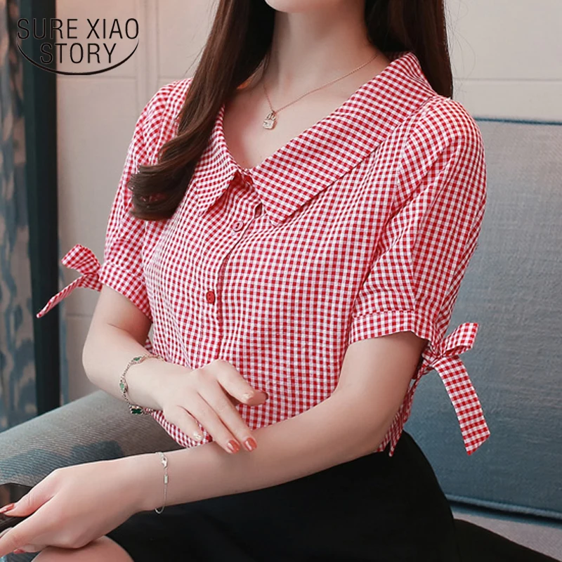 

fashion red plaid stripe blouse women shirt 2018 new summer tops women blouses short sleeve women's clothing tops blusas 0073 30