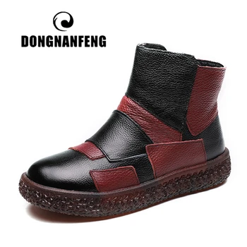 

DONGNANFENG Women Ladies Female Old Mother Shoes Boots Cow Genuine Leather Winter Fur Plush Warm Ankle Zip Size 35-41 MLD-8168