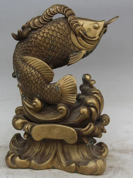 

JP S0524 12" Chinese Brass Feng Shui Year Wealth Fish barracuda goldfish Statue sculpture