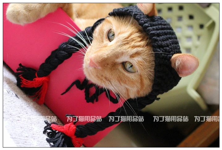 Парик с косичкой для маленькой девочки, шапка, шапка для кошки, костюм для питомца Ван Мяу, головной убор ручной работы, забавная для кошек собак, вязаная шапка