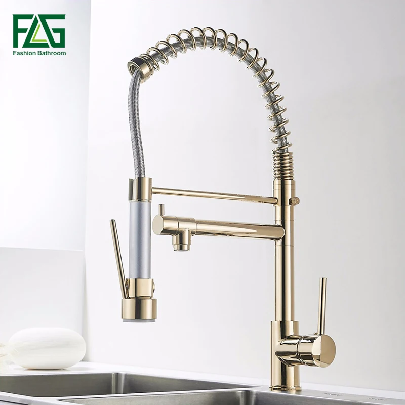  FLG Kitchen Faucet Golden Finish Hand Sprayer Spring Style Single Handle 360 Degree Rotating Cold H - 32775078870