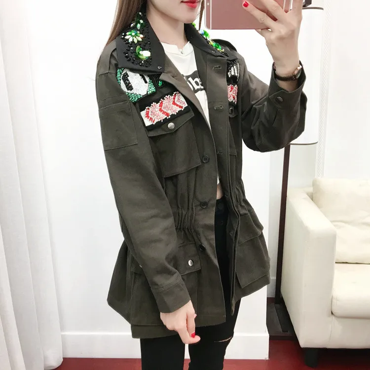 European luxuty diamonds trench coats New 2018 Autumn Military Windbreaker coat Fashion women vintage Dust coat D148 Coats