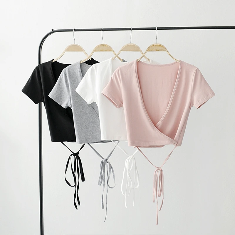 Летняя Базовая футболка с завязками, женские кроп-топы kawaii, короткий рукав, v-образный вырез, черный, белый, розовый цвет, повседневные сексуальные женские топы, корейская мода
