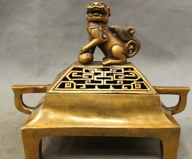 

JP S0606 Chinese Bronze Buddhist Lion Fu Foo Dog Statue Hollow-out Incense Burner Censer B0403
