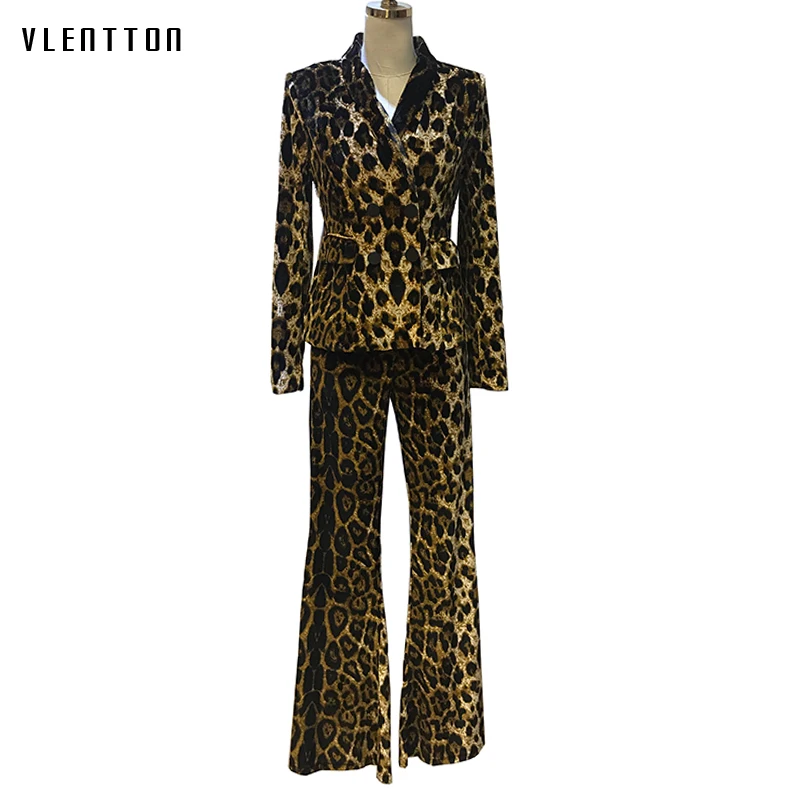 

Vintage Leopard Women's Pant Suits Double Breasted 2 Piece Set Women Blazer Jacket Tops & Flared Trouser Long Sleeve Office Suit