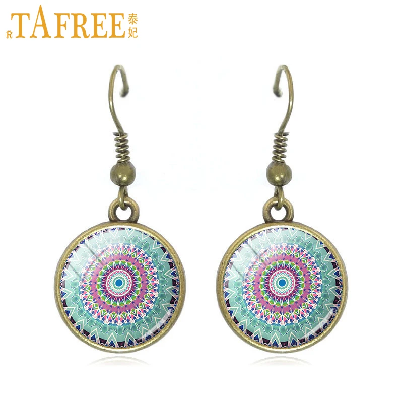 

TAFREE Hippie Mandala Drop Earrings Pompom Bohemian Paisley Meditation dangle earrings art picture glass round jewelry A448