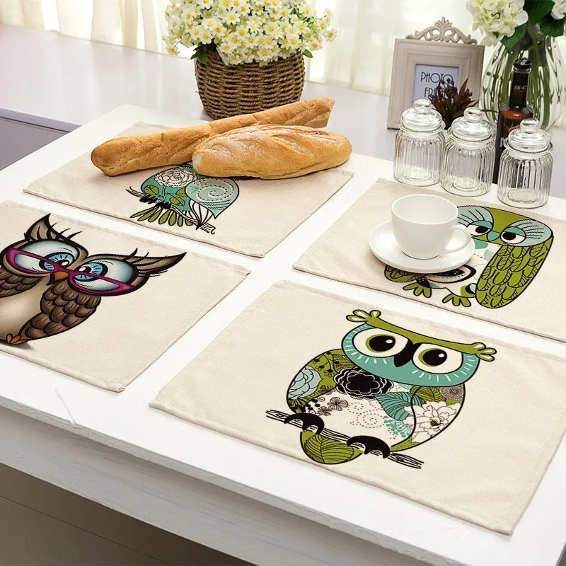 

1Pcs Lovely Owl Pattern Placemat Dining Table Mat Cotton Linen Drink Coasters Western Pad Bowl Cup Mat 42*32cm Home Decor MA0026