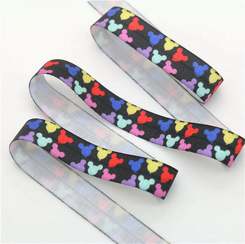 

DHK 5/8'' 10yards mickey ballon printed Fold Elastic FOE stretch ribbon hairbow headwear headband DIY Wholesale B1656