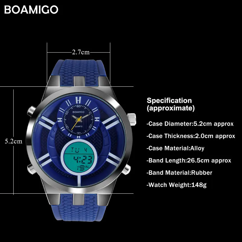 Мужские спортивные часы BOAMIGO брендовые модные кварцевые часы аналогово-Цифровые мужские резиновые светодиодный водонепроницаемые наручные часы reloj hombre