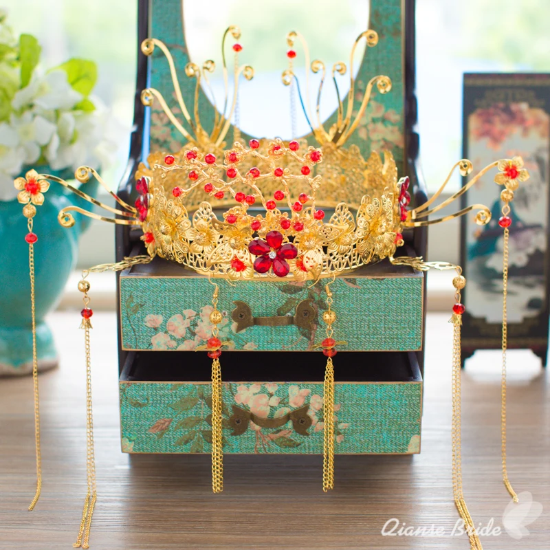 

Chinese bride headdress costume red floral hairpin wedding hairwear and earrings photography wedding hair accessories luxiang