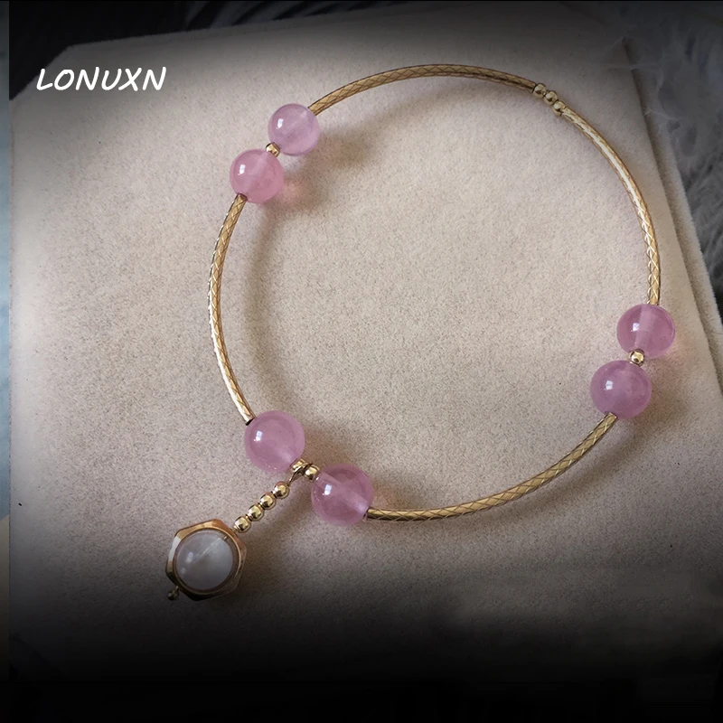 

14.5cm-15.5cm pure 925 silver Natural semi-precious stones Strawberry crystal Pink Moonlight stone bracelet lovers best gift