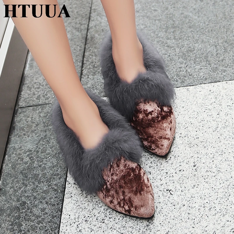 

HTUUA Big Size 32-48 Sexy Pointed Toe Velvet Middle Heel Pumps Women Autumn Winter Slip-On Flock Fluffy Rabbit Fur Shoes SX1744