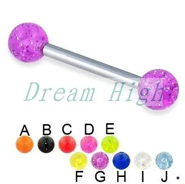 

Fashion Glitter Tongue Ring Tongue Piercing Acrylic Ball 316L Surgical steel Body jewelry 100pcs/lot Free Shipping