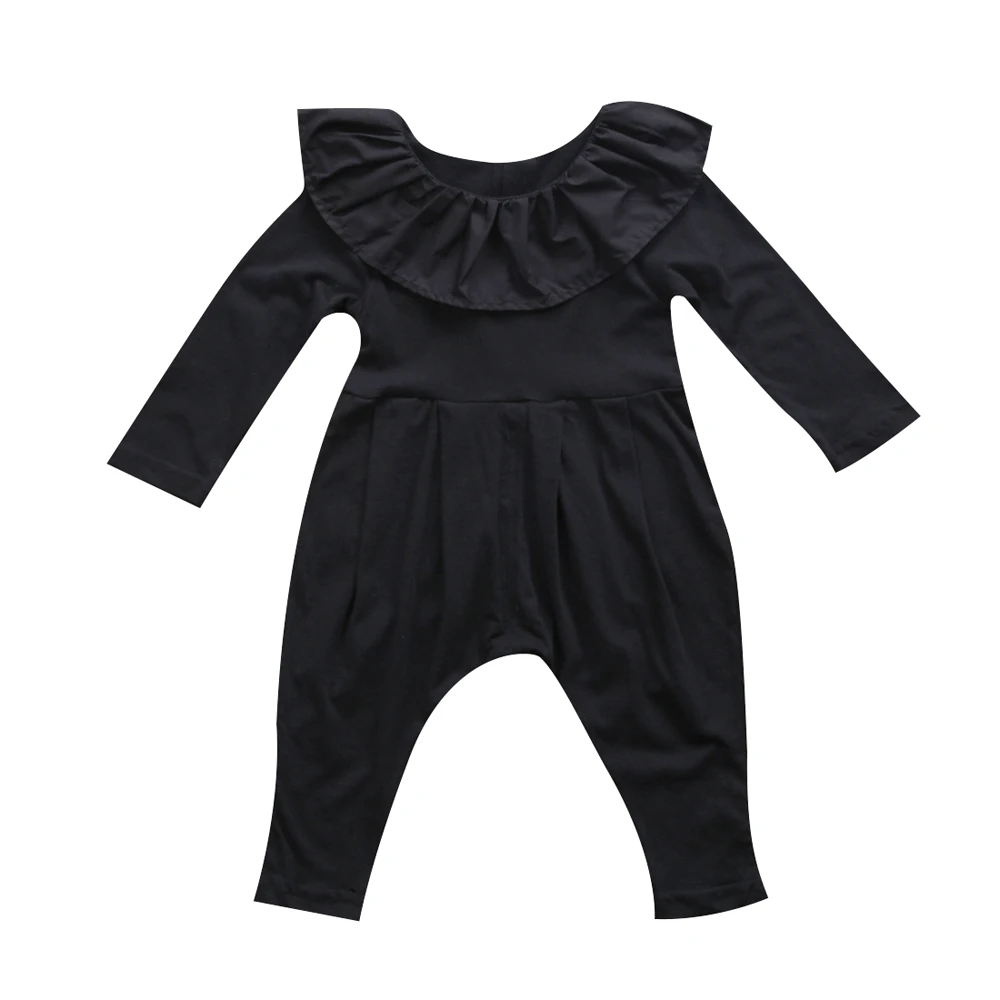 Brand New Baby Girl Solid Black Romper Infant Baby Ruffle Collar Long