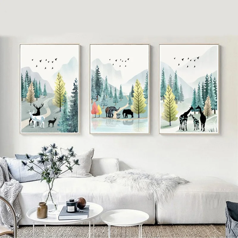 

Modern Simple Nordic Poster Nature Watercolor Landscape Canvas Painting Animals Wall Art Picture for Living Room Home Decor
