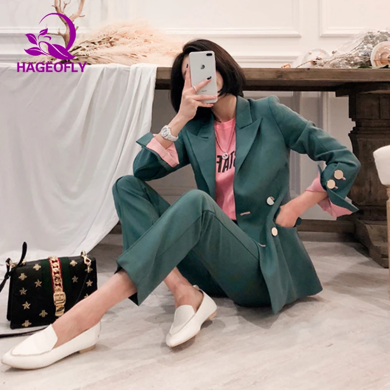 2019 New Korean Women Pant Suit Pink Green Double Breasted Blazer & High Waist Pant Elegant Sweet Work Office Lady Basic Suits 2019 New Korean Women Pant Suit Pink Green Double Breasted Blazer & High Waist Pant Elegant Sweet Work Office Lady Basic Suits