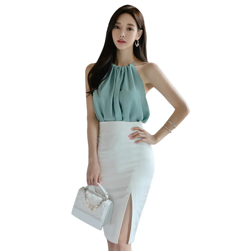 Plus Size Sleeveless Blouse and Corset Bodycon Wrap White Skirt Modis Casual Women Two Piece Set Elegant Summer 2 Piece Set maternity sleeveless nursing tank tops shirt summer pregnant women o neck breastfeeding t shirt pullover tops blouse plus size