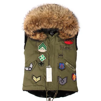 

Brand 2020 Natural Real Raccoon Fur Collar Winter Jacket Women Fur Vest Female Embroidery Parka Big Sleeveless Army Green Coat