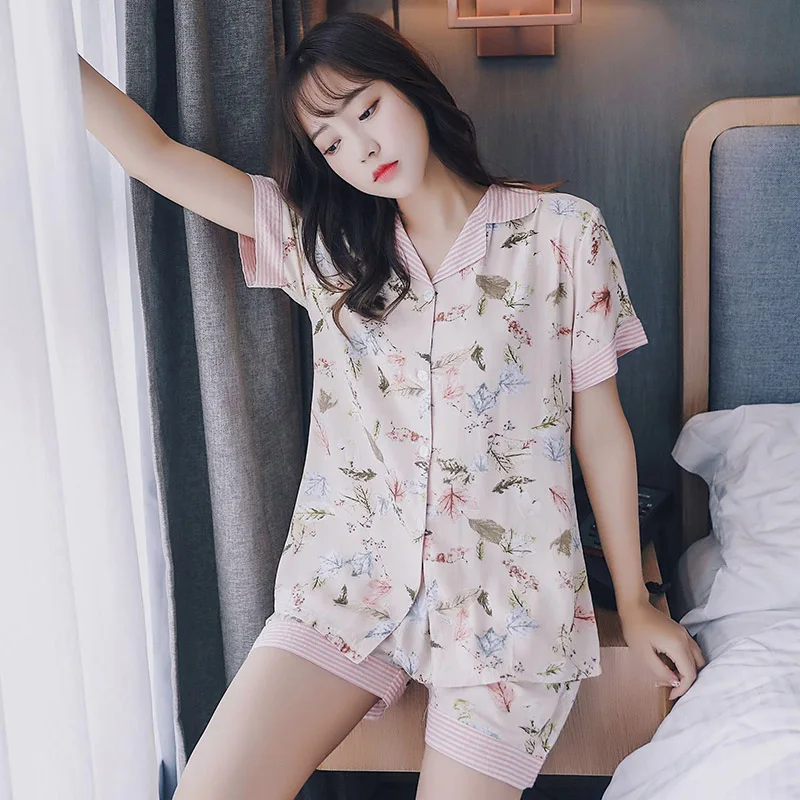 

Summer New Ladies Pajamas Set Simple Style Striped Turn-down Collar Sleepwear Women Sweet Floral Printed Short Sleeve Homewear