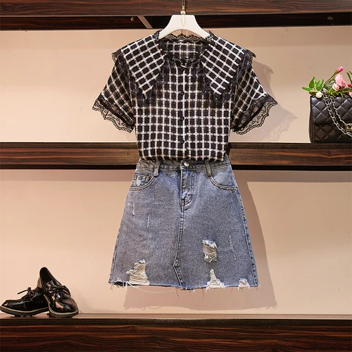 Plus Size Kant Patchwork Tweedelige Set Zwarte Plaid Blouses Denim Rok Mode Ripped Jeans Voor Vrouwen Pak 2 Stuk kawaii Sets Plus Size Kant Patchwork Tweedelige Set Zwarte Plaid Blouses Denim Rok Mode Ripped Jeans Voor Vrouwen Pak 2 Stuk kawaii Sets