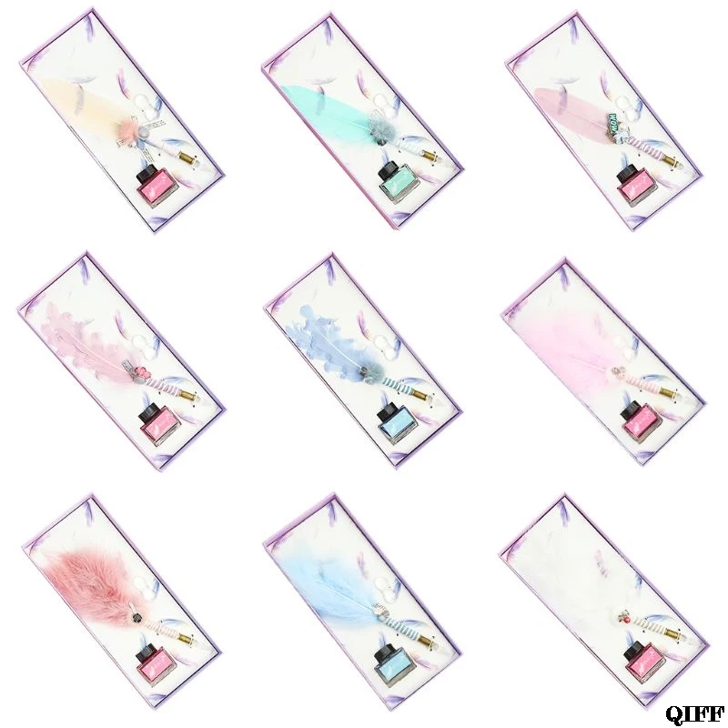 

Drop Ship&WholesaleBeautiful Feather Glass Pen Dip Writing Ink Quill Pens Set for School Stationery Gifts Art SuppliesJune 3