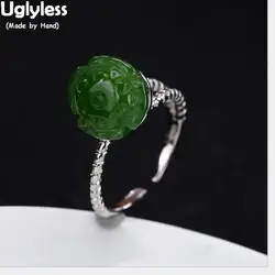 Uglyless реального 925 пробы серебро Природа Green Jade Lotus Для женщин Открытые перстни переплетения текстуры полое кольцо Этническая Jasper Bijoux