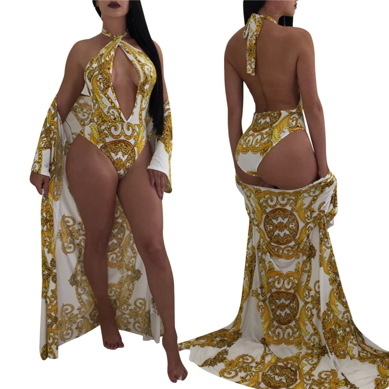 

2019 Women Swimsuit One Pieces Print Swimwear Female Bohemia Monokini With Cover-Ups Bathing Suit Beach Bather Beachwear