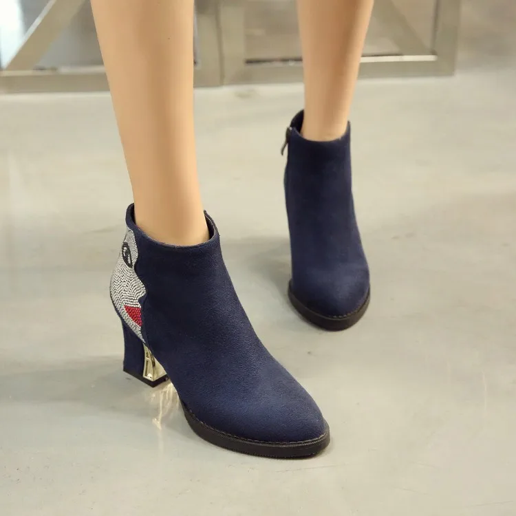 

Big Size 11 12 13 Ma'am Coarse heel Short Pure color Sequins decoration boot barrel High heel boots