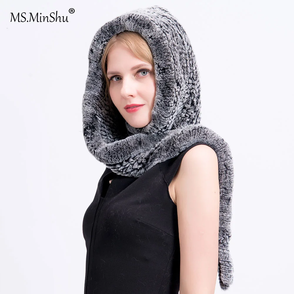 

MS.MinShu Knit Rex Rabbit Fur Hat with Scarf Real Fur Hooded Scarf Lady's Winter Hat Head Warmer Fur Cap Scarf