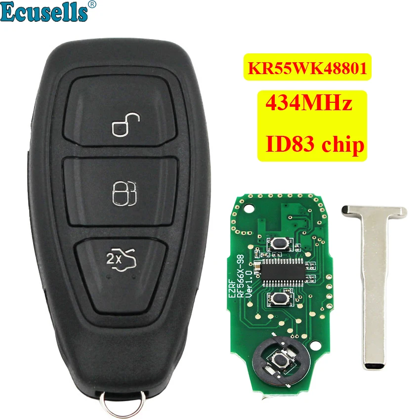 Полный дистанционный брелок 434 МГц ID83 4D63 чип для Ford Focus C-Max Mondeo Kuga Fiesta B-max S-max Galaxy KR55WK48801+ вставной ключ