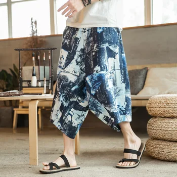 

#4617 Chinese Style Cotton Linen Harem Pants Elastic Waist Floral Print Plus Size 5XL Vintage Trousers Men Cotton Linen Wide Leg