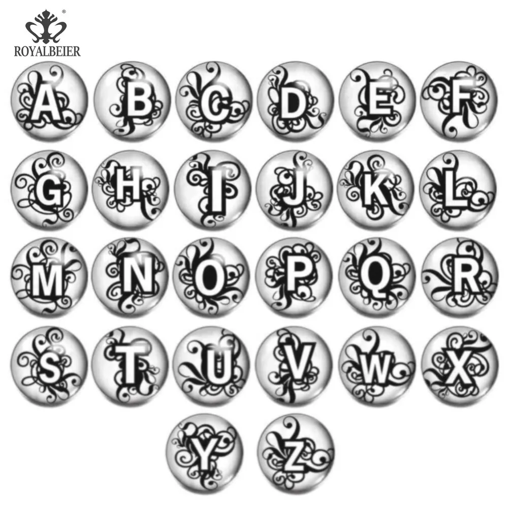 ROYALBEIER 26pcs/lot High Quality A-Z Letters Alphabet Snap Jewelry 18/20mm Glass Snap Button Fit Snap Bracelet Mixed Wholesale