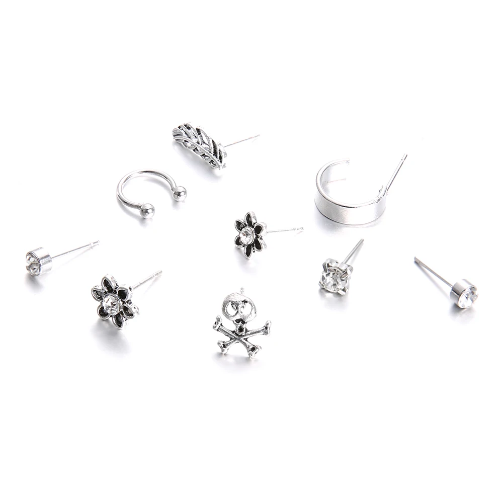Jewelry Heart Star Earrings Sets Star Feather Skull Crystal Flower Ear Studs
