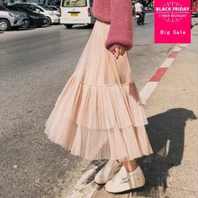 Весна женский гофрированный с сеткой юбка в студенческом стиле была тонкая высокая талия сшитая юбка L57 Прямая