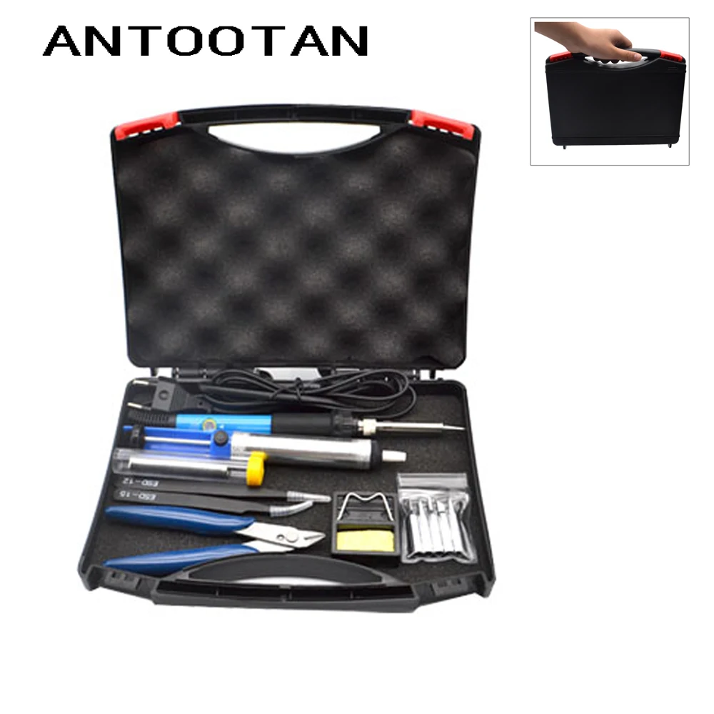 60 Вт 220 В ЕС комплект для пайки Сварка температура паяльник Комплект, пайка и Распайка насос железный наконечник паяльник ящик для инструментов