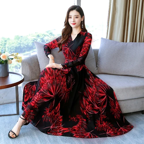 

2019 New Autumn Printed Maxi Women Dress Long Sleeved Chiffon Office Lady V-neck Plus Size Female Fashionable Office Dresses