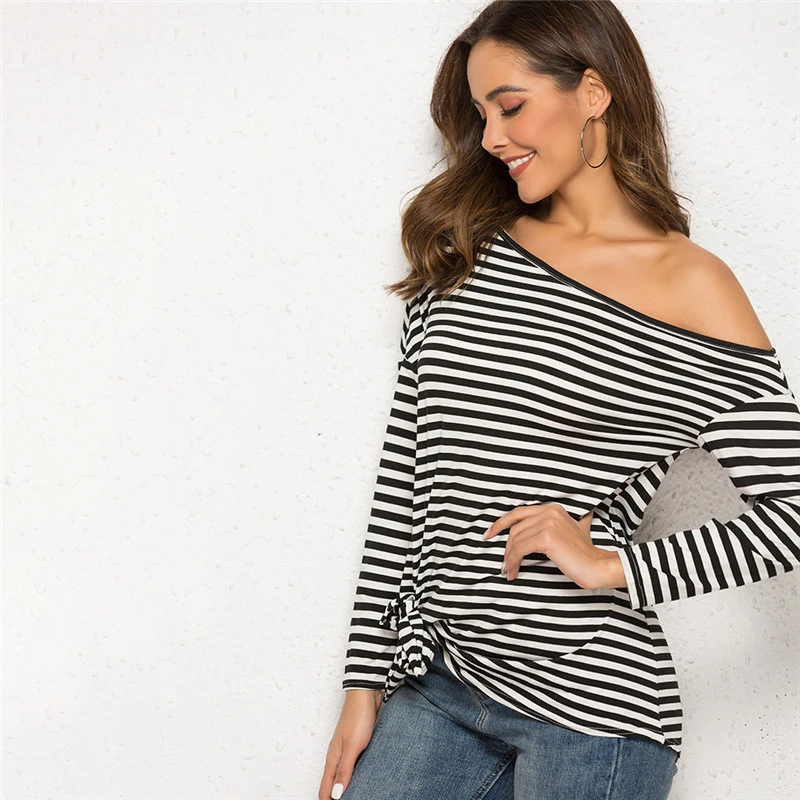 

Spring New Sexy Off Shoulder Tshirt Women Autumn Long Sleeve Striped Bandage T Shirt Tops Casual Loose Irregular Women's Clothes