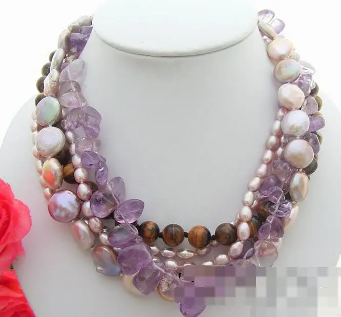 

song voge gem nanJ2506 6Strds Pearl&Tiger's Eyes&Amethyst Necklace