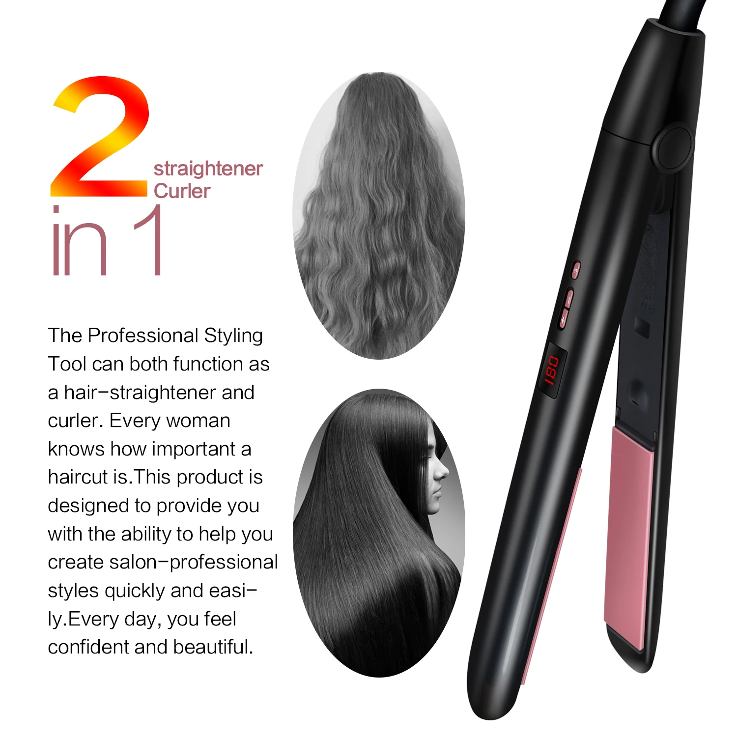 

2 in 1 LCD Display Ceramic Coating Hair straightener Hair Curler Beauty Care Salon Iron Comes With 2 pcs Hair Clips & Comb