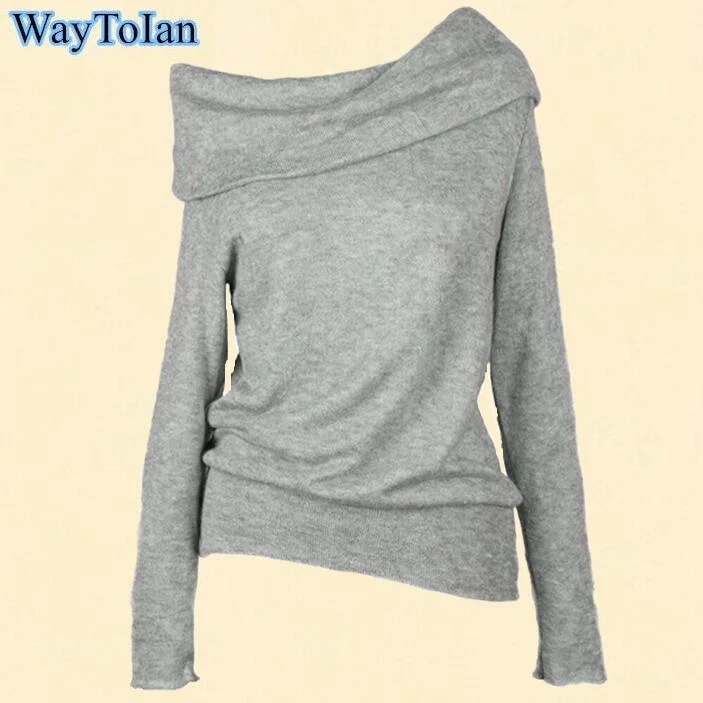 

WayToIan off shoulder elastic winter sweater women Short gray lapel pullover sexy gray jumpers Autumn bodycon basic knitwear top
