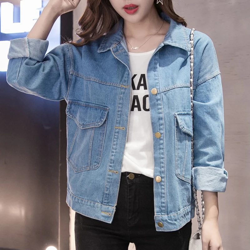 

Plus Size 5XL 2019 Autumn Streetwear Women Basic Coats Women Denim Jacket Long Sleeve Loose Female Jeans Coat Casual Outwear