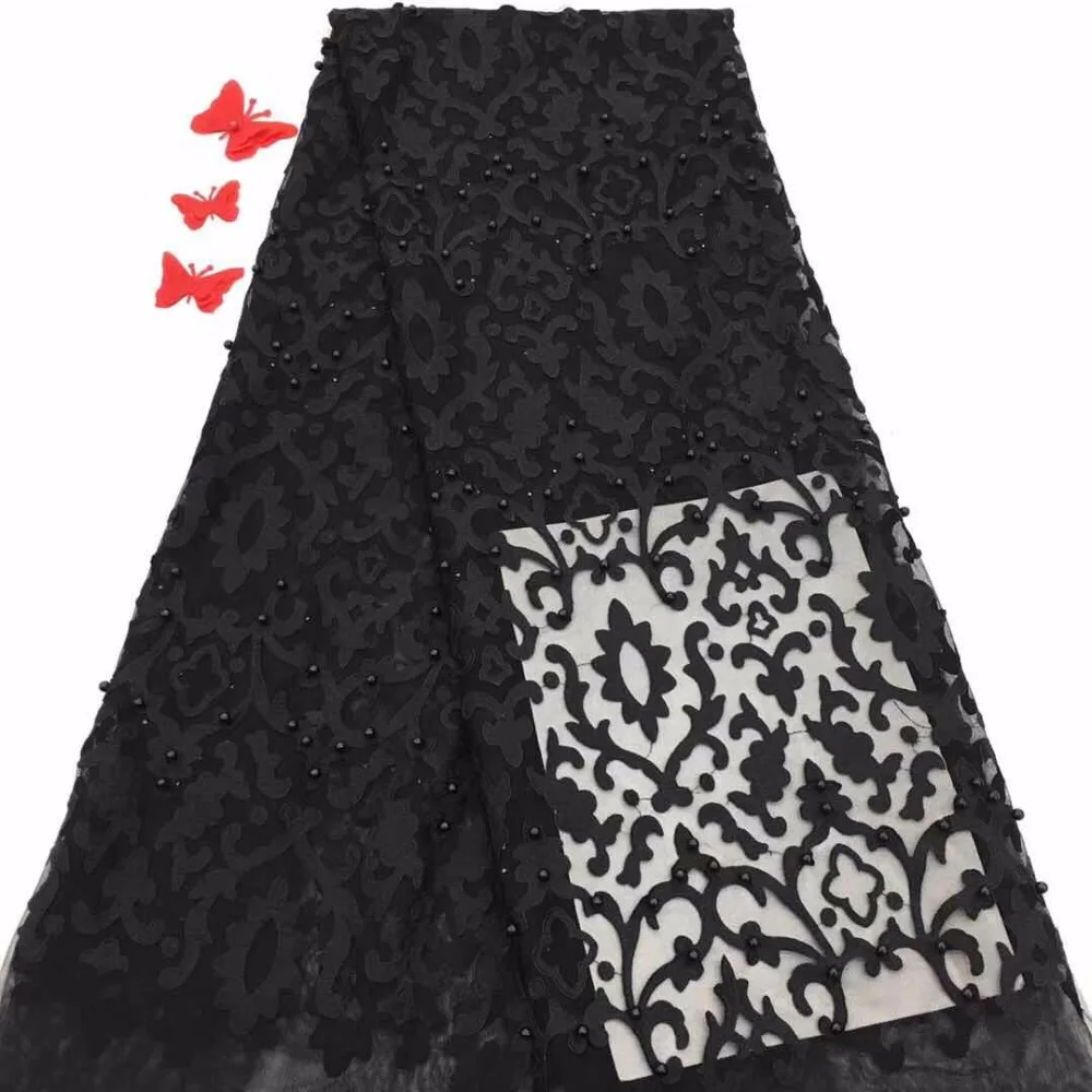 cheap Latest African Lace Fabric Laser Cut French Tulle Lace Fabric 2019 Black Nigerian French Beaded Net Lace Fabrics F10