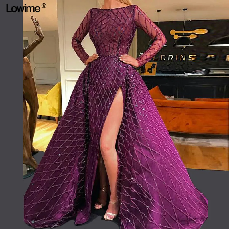 

Long Dark Purple Muslim Formal Evening Dresses With High Split Long Sleeves Sparkly Dubai Turkish Arabic Evening Gowns Runaway
