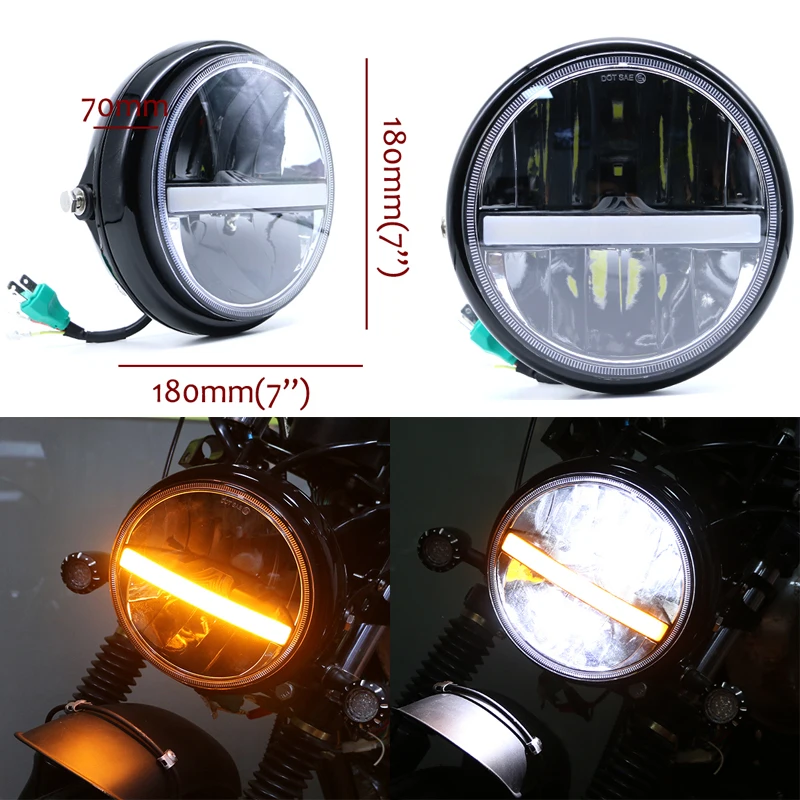 Fashion 55W Motorcycle Zinc Alloy Headlamp DC 12V Motorbike Round Headlight Scooter Retro Black LED Head Lamp Motor Front Light