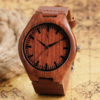 

Hot Selling Nature Red Wood Round Dial Genuine Leather Band Strap Wrist Watch Casual Fahsion Bamboo Men Women Watches For Xmas