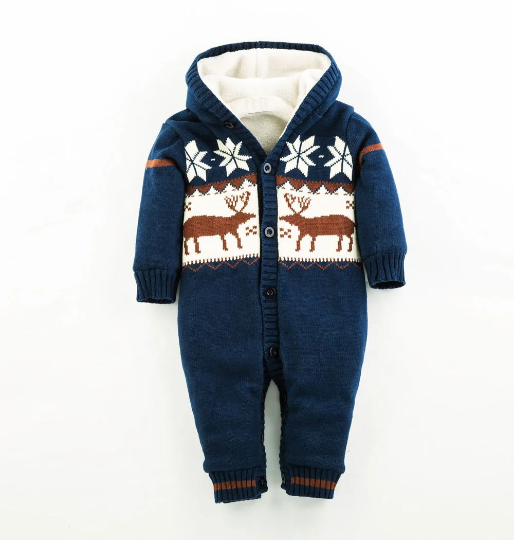 

Baby Rompers Winter Thick Climbing Clothes Newborn Boys Girls Warm Romper Knitted Sweater Christmas Deer Hooded Outwear