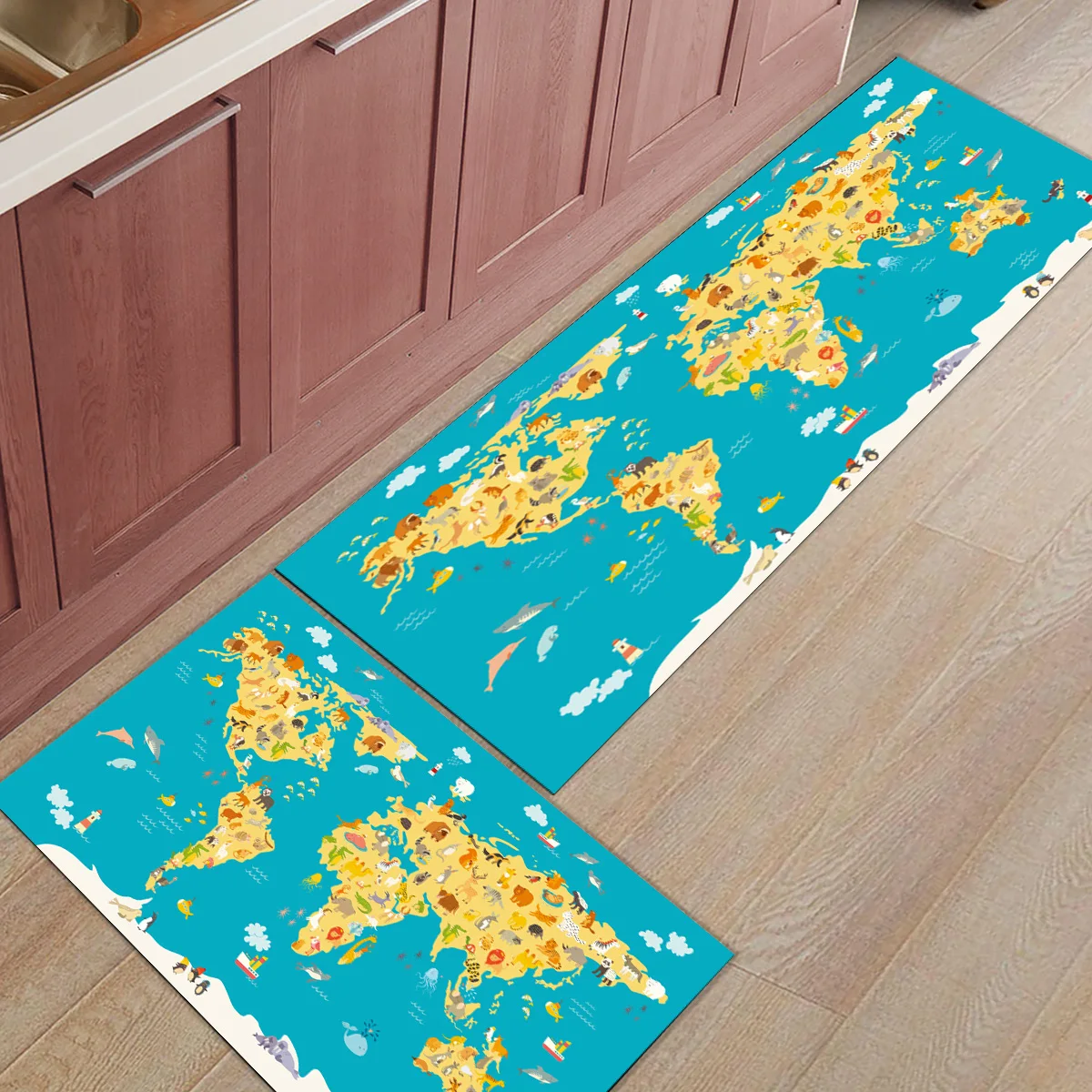 

Children's Animal Chart World Map 2 Piece Mat Under A Pet Water Food Bowl Dirt Debris Mud Trapper Bath Shower Tub Accessory Sets