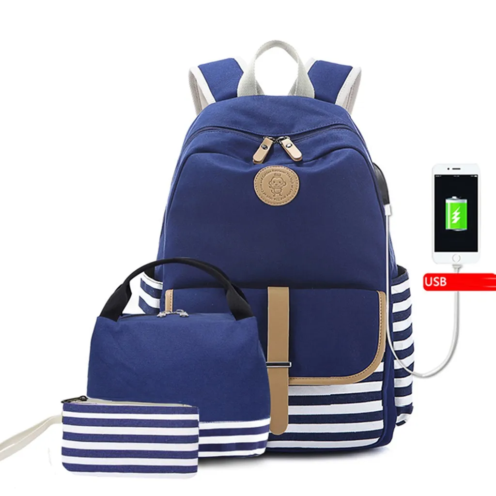 Aelicy 3 шт./компл. зарядка через Usb рюкзак мужской темно-синий в полоску студенческий рюкзак для мальчиков и девочек школьная дорожная сумка женский рюкзак на плечо